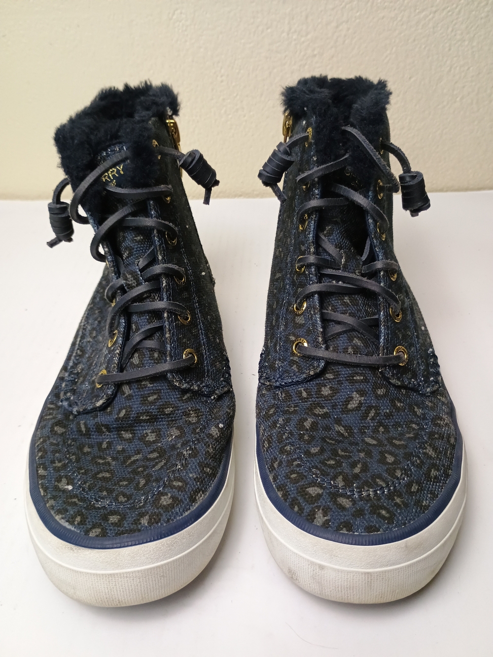 Sperry Top-Sider Crest 8.5M Blue Gold Leopard-Print Faux Fur High-Top Sneakers - Picture 6 of 14